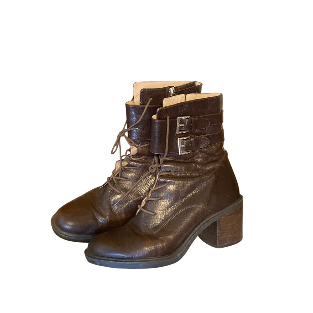 Vintage 1990s Brown Leather Lace Up Buckle Combat Boots 9 Bohemian Heritage Y2K